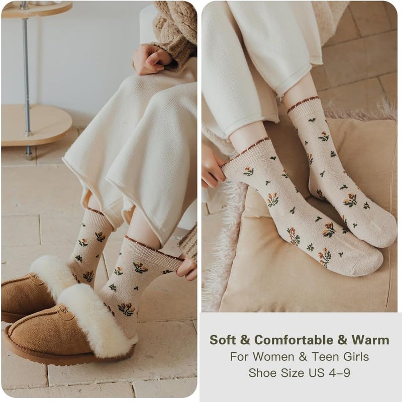 MarJunSep Wool Fall Boot Socks Women Teen Girls Thick Knit Vintage Cute Floral Cottage Core Boho Winter Warm Crew Socks - Image 4